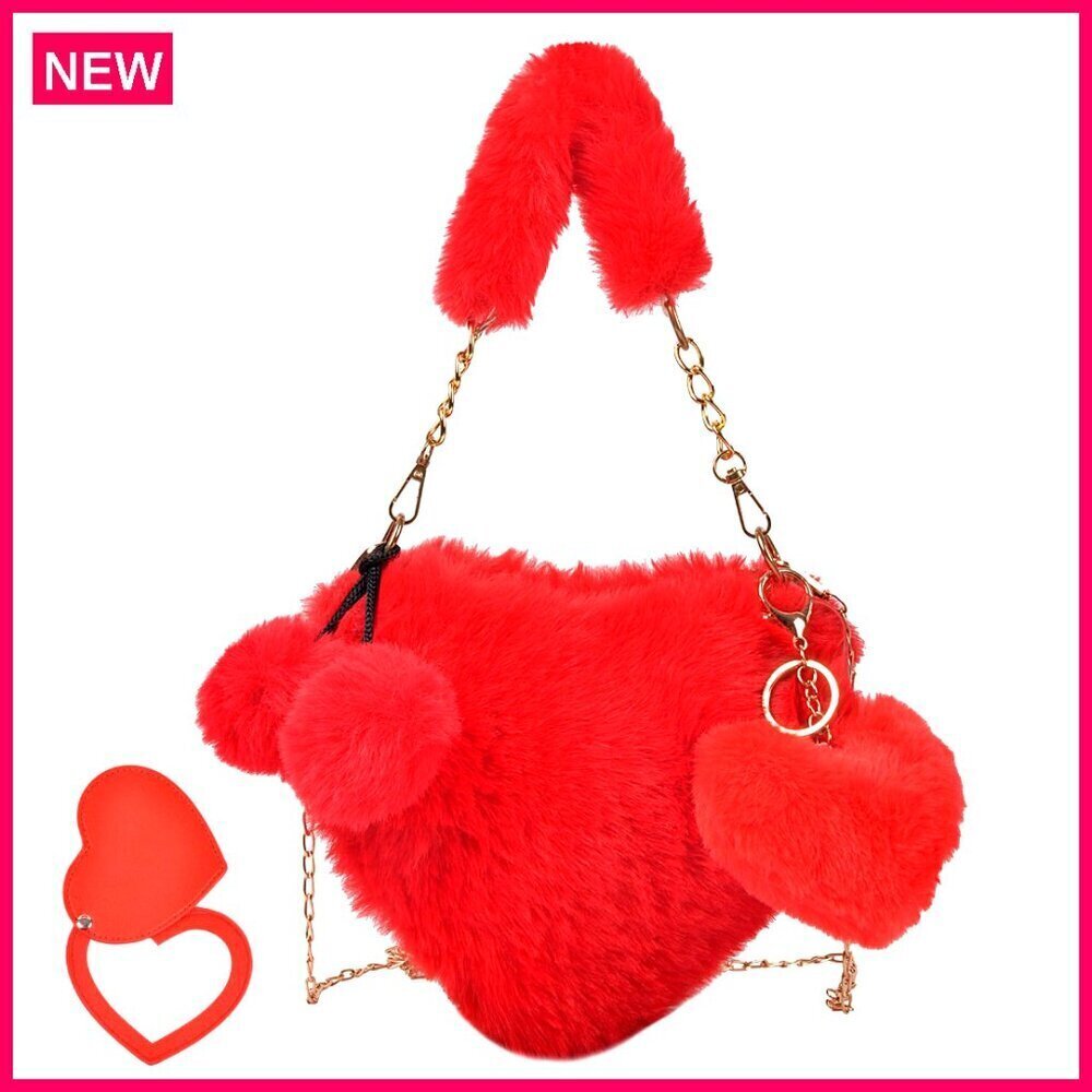 Faux Fur Heart Shaped Purse with Mirror & Keychain, Crossbody Shoulder Bag